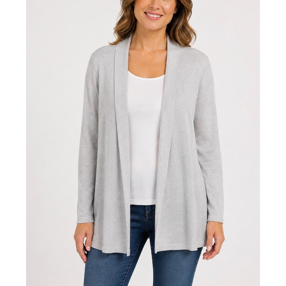 Chico's Cardigan Women Size Large Silver Metallic Open Front Shimmer Chic Layer